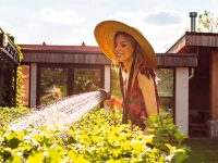 Pretty young girl in a hat watering plants with a garden hose in the garden, photography for blog or ad